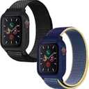 Band with Case Compatible with Kids Apple Watch Band 46mm 45mm 42mm 41mm 44mm 40mm, Protective Silicone Bumper with Sport Loop Nylon Strap for Series 10/9/8/7/6/5/4/SE2/SE for Boys Girls (Black+Yellow Blue)