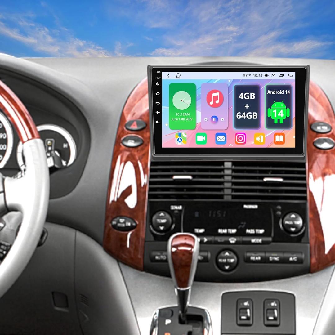 Android 14 Car Radio for Toyota Sienna 2004 2005 2006 2007 2008 2009 2010, 9 Inch IPS Screen Stereo with CarPlay Android Auto WiFi Bluetooth GPS Navigation Touch Screen Head Unit 4+64GB