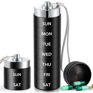 Metal Travel Pill Organizer, Large Weekly Pill Box, Portable Aluminum Alloy Waterproof Container, 7 Day Daily Medicine Organizer Holder for Vitamin, Fish Oil, Supplement, Black