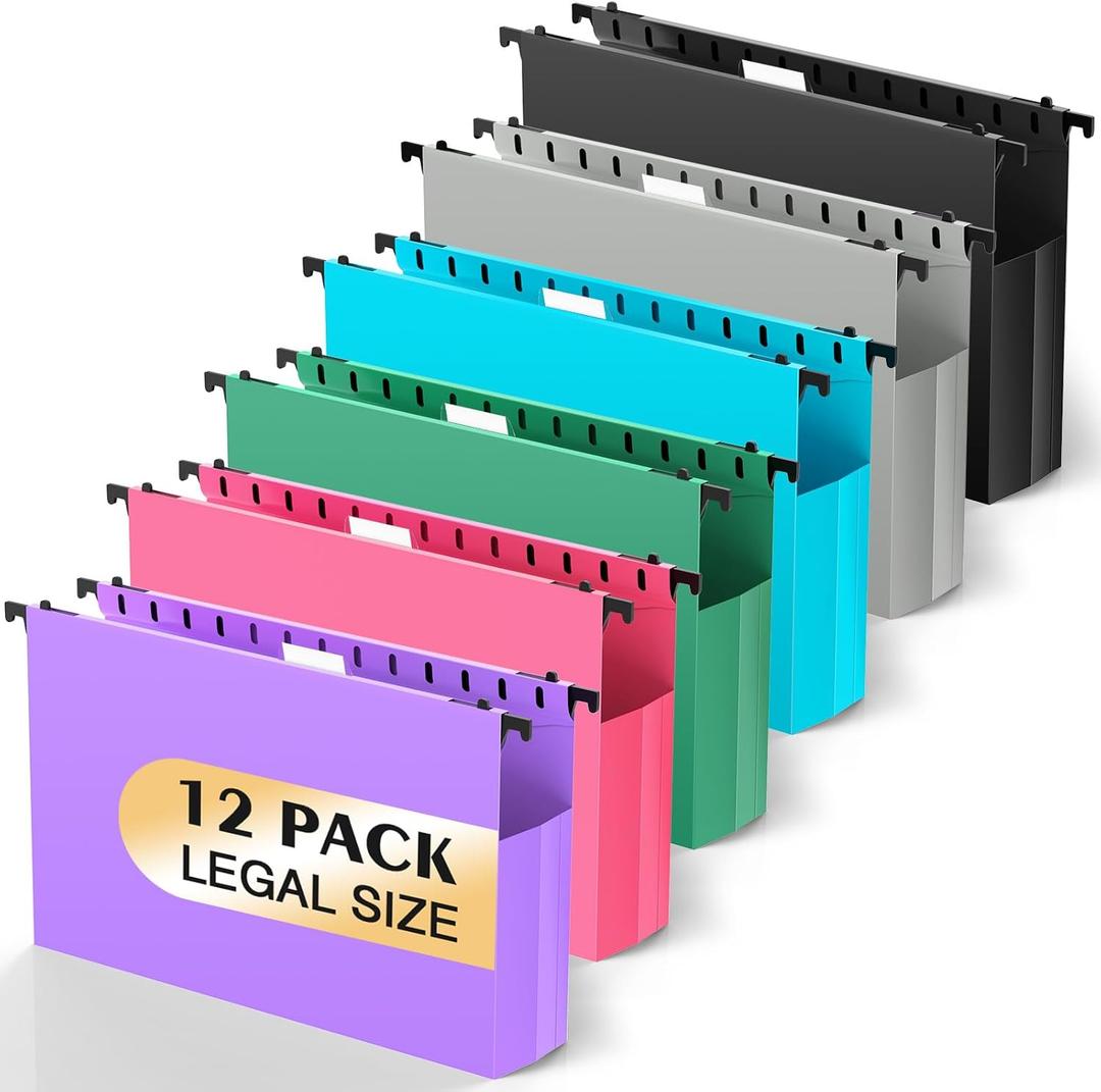 Extra Capacity Legal Size Hanging File Folders,12 Pack Reinforced Plastic Hanging Folder, Heavy Duty 2 Inch Expansion, Filing Cabinet Folders for Bulky Files, Medical Charts, Colorful (Black (With Side))