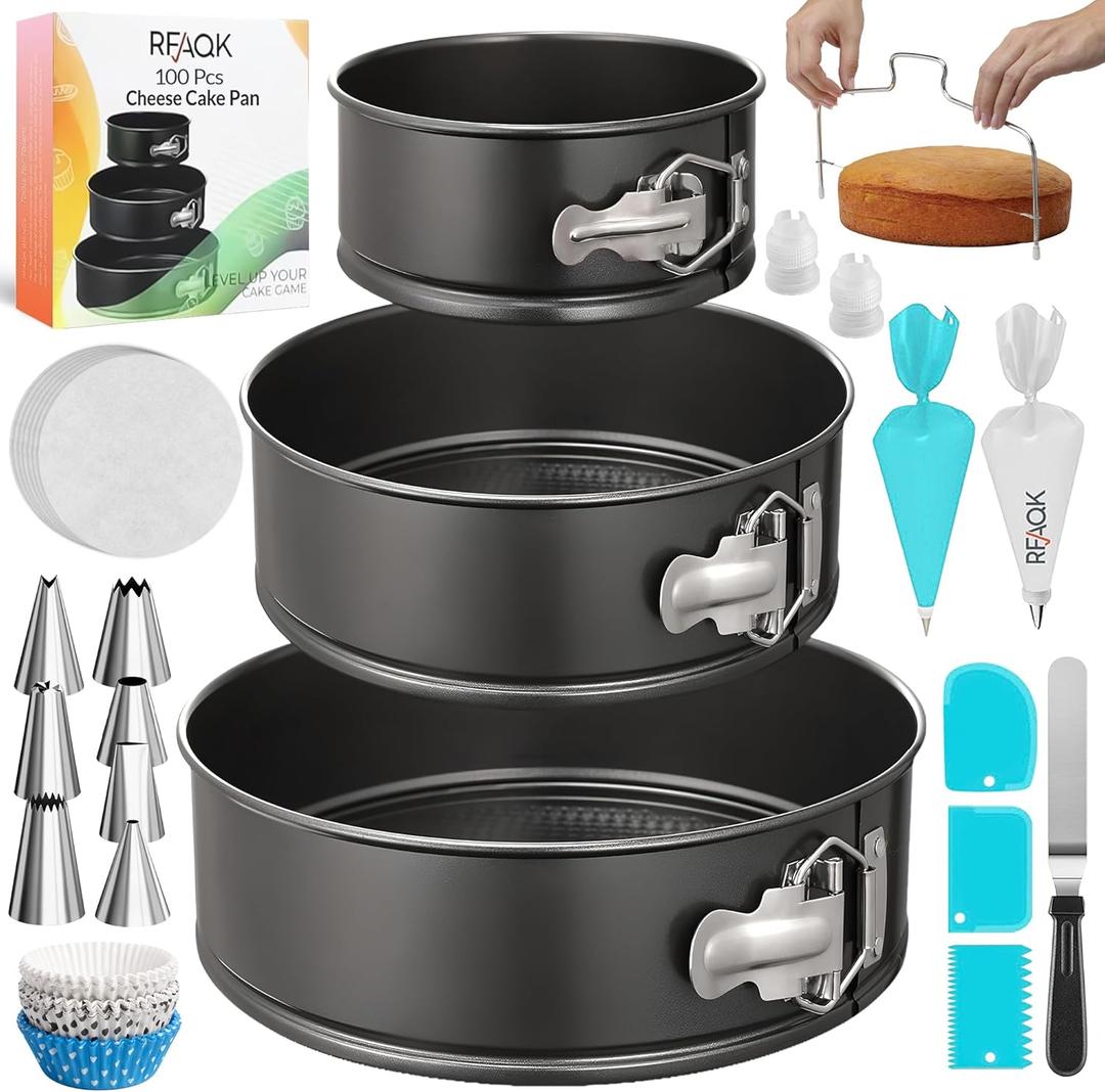 RFAQK 100pcs Cake Pan Sets for Baking + Cake Decorating Supplies: 3 Non-Stick Springform Pans Set (4, 7, 9 inches), Icing Tips, Cake Leveler Multi-functional Leak-Proof CheeseCake Pan & eBook