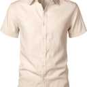JEMITOP Men's Stretch Textured Short Sleeve Button Down Shirts Summer Casual Beach Wedding Vacation Button up Shirt Beige L