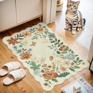 Lahome Floral Small Rug, 2X3 Kitchen Rugs Non Slip Washable Rug Ultra-Thin, Soft Front Door Mat Indoor Entrance Stain Resistant Boho Low-Pile Entry Carpet for Bathroom Bedroom(2x3ft,Beige)