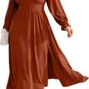 RWJ Plus Size Wedding Guest Dress for Women Deep V Neck Long Sleeve High Waist Slit Formal Cocktail Party Fall Maxi Dresses (Brown)