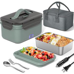 Herrfilk Electric Lunch Box Food Heater 100W, 4 in 1 Ultra Quick Heated Lunch Boxes for Adults 12V/24V/110V/220V Portable Food Warmer for Car/Truck/Office With Fork Spoon and Insulated Carry Bag (Olive Green)