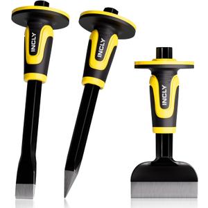 INCLY 3PCS Masonry Chisel Set with Hand Guard, Stone and Rock Chisel, Heavy Duty Concrete Chisel Tools Including 11 Inch Point & Flat, 8 Inch Brick Chisels for Breaking Splitting Cutting