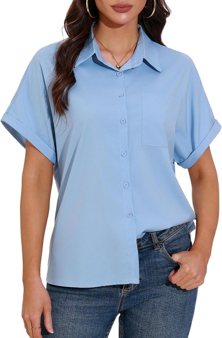GUANYY Womens Short Sleeve Button Down Shirt Casual Collared Dress Shirt Lightweight Work Top Blouse (Blue, XL)