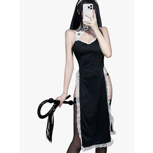 Mingnos Sexy Nun Costume Outfit Cosplay Lingerie for Women Cutout High Slit Lace Dress with Nun Headpiece (M/L) (Without Wip)