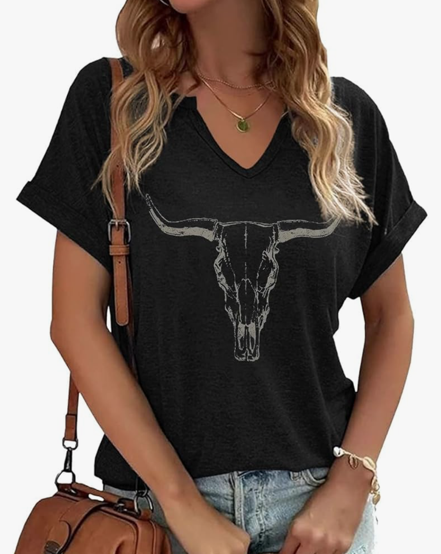 Boho Cow Skull Shirt Women Cowgirl t Shirt Vintage Western Rodeo Graphic Tee Short Sleeve Bull Skull Casual Top, L
