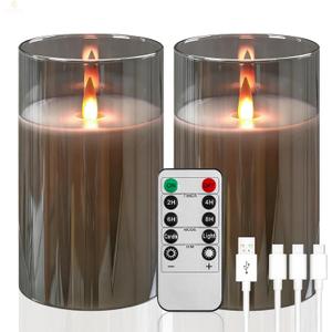 Rechargeable Flameless Candles, Flickering LED Candles, Real Wax Candles with Remote and Timers, Glass Pillar Candles 3D Wick for Wedding Festival Home Decoration, 6" Candle Set of 2,Grey (Gray)