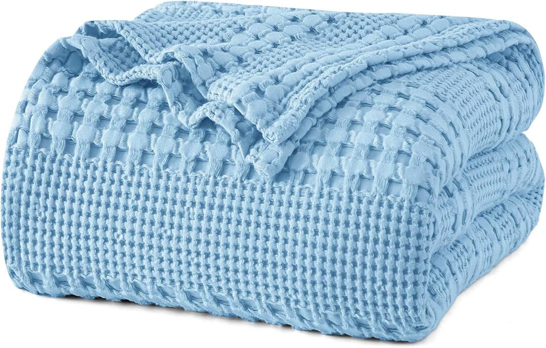 PHF 100% Cotton Waffle Weave Blanket King Size for Bed, Soft Lightweight & Breathable for Spring and Summer, All-Season Comfort, Luxury Aesthetic Blanket for Home Decor, 108"x90", Airy Blue