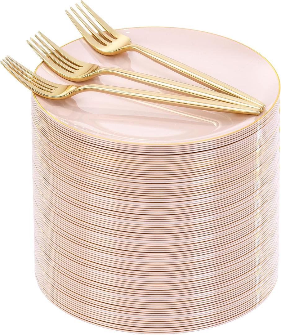Rubtlamp 200Pcs Plastic Pink Dessert Plates with Disposable Gold Forks,Heavy Duty Pink Disposable Salad Platos,Gold Small Platos,Fancy Appetizer Plates for Mother's Day