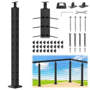 CKE L-Drilled Corner Post 36" (Post 35"x2"x2"), Adjustable Top Cable Railing Corner Post, 90 Degree Drilled Corner Post with Cable Grommets,Stainless Steel Black Finish Corner Deck Post, CP01