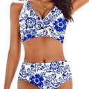 AI'MAGE Bikini Set for Women Ruched High Waisted Two Piece Swimsuit Twist Front Cut Out Adjustable Straps Bathing Suit M