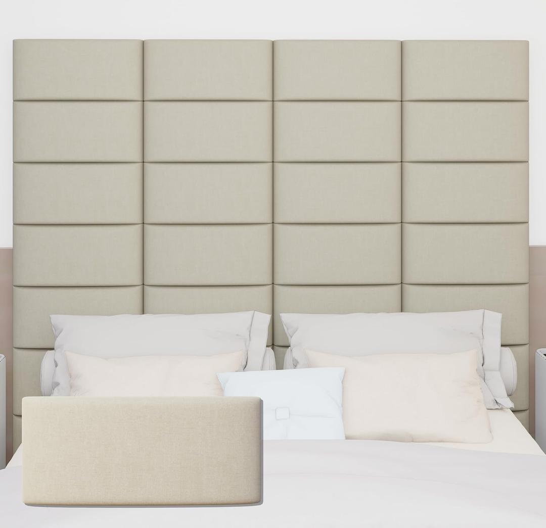 Wall Mounted Peel and Stick Upholstered Headboard, 3D Soundproof Padded Wall Panels for Queen Size, Soft Tufted Bed Head Board, Reusable Bed Headboard in Beige (9 Panels, 10" x 24")
