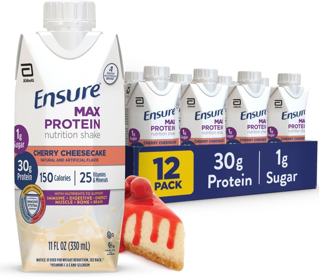 Ensure Max Protein Shake | Cherry Cheesecake | Ready to Drink | 30g Protein for Muscle Health | 1g Sugar, 4g Fiber | 11 fl oz, 12 Pack (EXP 02/01/27)