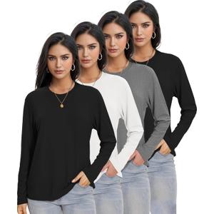 Kinglaman 4 Pack Womens Long Sleeve Shirts Tops Loose Fit Basic Crew Neck Tee T Shirts Ultra Soft Blouses Tops (L)