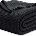Bedsure 100% Cotton Blanket Queen Size for Bed - Breathable and Soft, Waffle Weave Blanket for Summer Spring, Black, 90x90 Inches