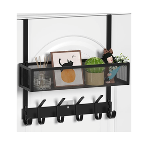 Over The Door Hooks Organizer, Over The Door Towel Rack with Mesh Basket, 10 Coat Hooks and 2 Wreath Hangers, Bathroom Door Organizer Back of Door Hanger for Bedroom, Kitchen (Black)