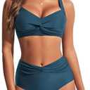 Hanna Nikole Women's High Waisted Bikini Sets, Tummy Control 2 Piece Swimsuits, Full Coverage Knot Front Bathing Suit Size 8-10