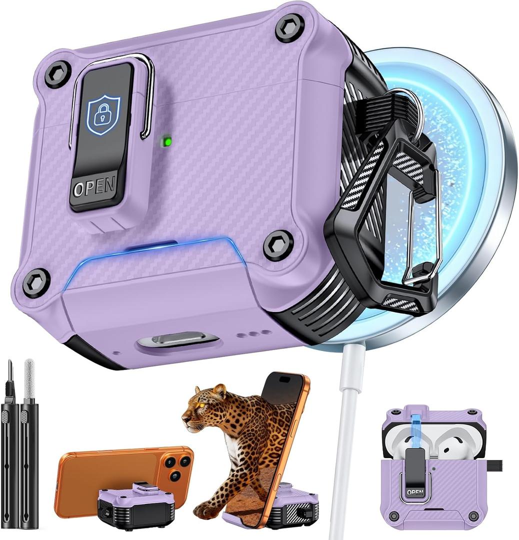 Inesore Compatible with AirPods 4 Case,Secure Lock & Phone Stand Design,Compatible with MagSafe,Automatic Snap Switch Secure Cover with Carbon Fiber Texture (Purple,for AirPods 4)
