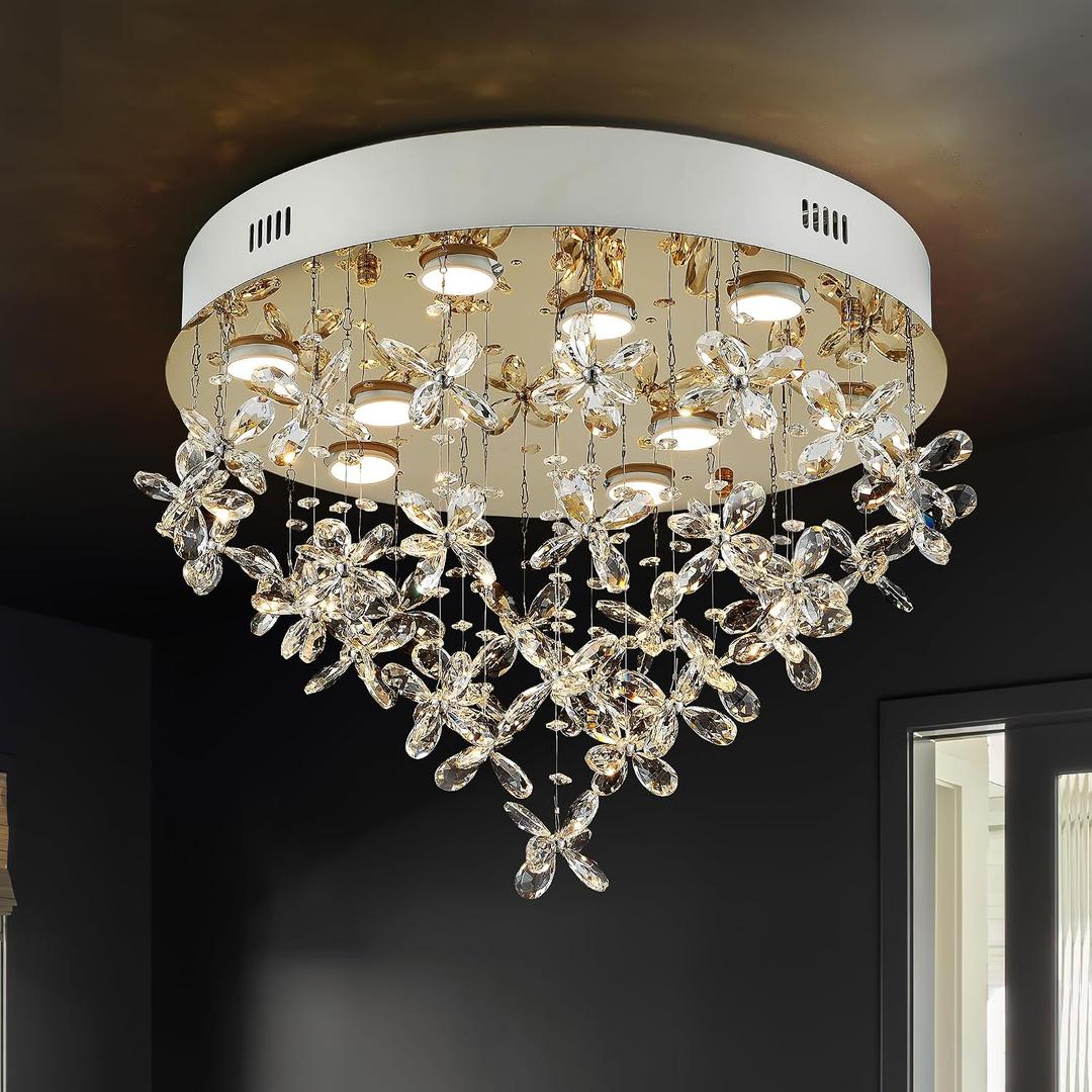 9-Lights Modern Chandelier K9 Crystal Lighting Fixture,20 Inch Round Stainless Steel Flush Mount Ceiling Lights for Bedroom Foyer Hallway Dining Room,GU10 Bulbs Include, D20"