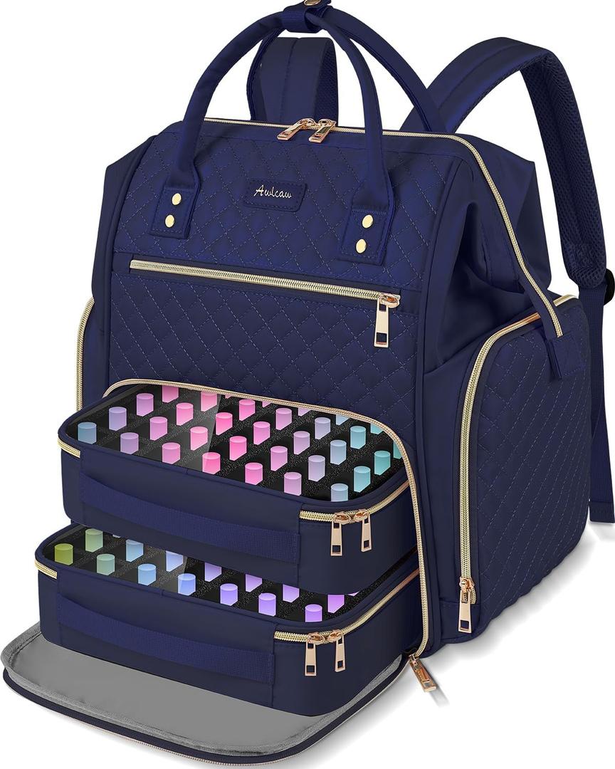 Large Nail Polish Organizer Bag Backpack Holds 70+ Bottles(15ml/0.5 fl.oz) UV Nail Lamp,Nail Organizers and Storage with 2 Removable Pouches Fits Nail Tool,Gift for ManicuristBlue