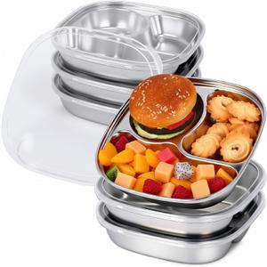 Potchen 6 Pack Stainless Steel Snack Containers with Lids, Reusable 4 Compartments Bento Boxes Snack Lunch Box for Divided Food Storage Container for Home Travel(Stylish)