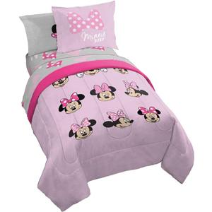Dinsey Minnie Mouse Faces 5 Piece Twin Bed Set - Includes Reversible Comforter & Sheet Set Bedding - Super Soft Fade Resistant Microfiber - (Official Dinsey Product)