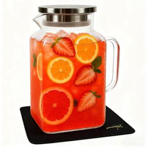 1 Gallon Glass Pitcher with Lid, Glass Water Pitcher with Handle for Fridge, Iced Tea Pitcher, Cold/Hot water jug,Large Jug for Coffee, Juice and Homemade BeverageFree anti-scratch pad