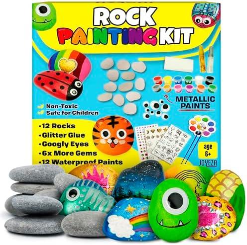 JOYEZA Rock Painting Kit Deluxe, Arts and Crafts for Girls Boys Age 6+, 12 Rocks Tween Gift Art Set, Waterproof Paints, Craft Kits Art Supplies, Kids Crafts Ages 6-8, Kids Activities 6 7 8 9 10, 2 Pack