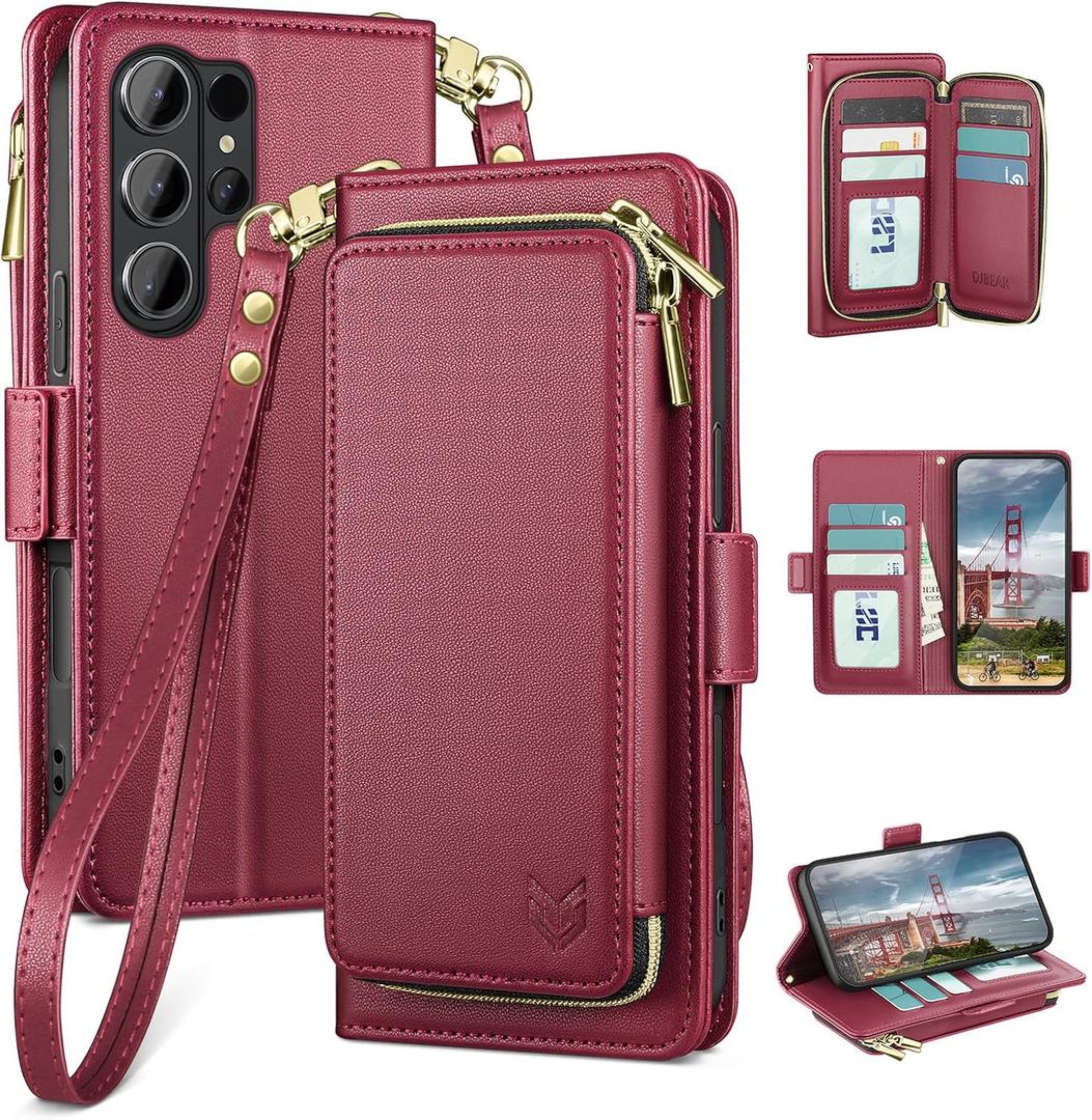 DJBEAR for Samsung Galaxy S26 Ultra Wallet Case for Men & Women, All-in-One Flip Folio Cover with 9 Card Slots, Zipper Pocket, Detachable Wrist Strap, Full Body Protection for Samsung S26Ultra Fuchsia