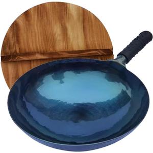 cast iron wok with lid,14 inch woks & stir-fry pans nonstick, chinese traditional pans for open fire, large cookwares, cooking, bbq, grill, camping, blue carbon steel pre-seasoned wok (36cm)