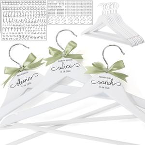 Chunful 10 Pack Personalized Bride Hanger for Wedding Dress Custom Name White Wooden Bridal Hangers with UV Dtf Transfers Natural Wood Dress Hanger with Ribbon Bow Bride Wedding(Satin Ribbon,Green)