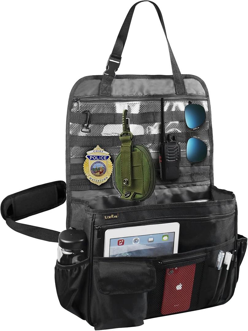 ECWKVN Car Front & Back Seat Organizer with Dedicated Tablet/Laptop Compartment, Passenger Seat File Storage with Cup Holder, Adjustable Backrest, and Padded Shoulder Strap