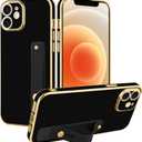 TEAUGHT for iPhone 12 Case with Wrist Finger Strap for Women Girls Men, Cute Luxury Plating Soft TPU Slim Shockproof Protective Cover with Adjustable Wristband Kickstand Holder (Black)