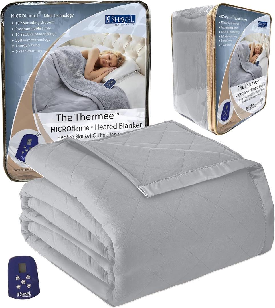 Thermee Micro Flannel Heated Blanket - Full Size, 10 Settings, Programmable, Rapid Heating, Luxuriously Soft - Slate Grey