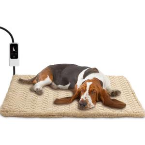 Heeyoo Pet Heating Pad, Adjustable Temperature Dog Cat Heating Pad with Timer, Waterproof Heated Dog Bed with Chew Resistant Cord, Auto Power-Off Indoor Pet Heated Mat for Dogs and Cats, 28" x 16" (Khaki)