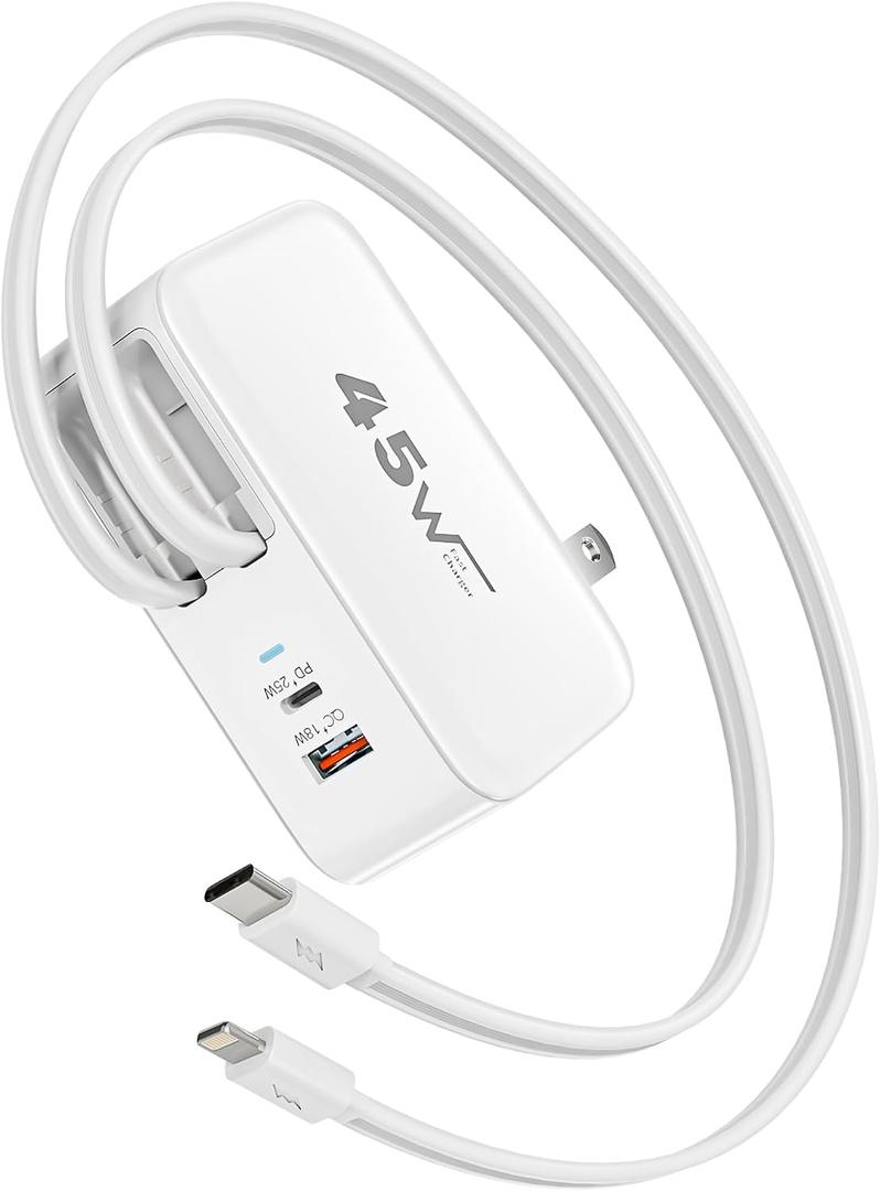 Retractable iPhone Charger Fast Charging,4 in 1 Retractable Wall Charger 45W Travel Essentials Multiport Plug Foldable Block Lightning &USB C Cables for iPhone 17Pro Max/16/15/14/13/12/11,iPad,AirPods