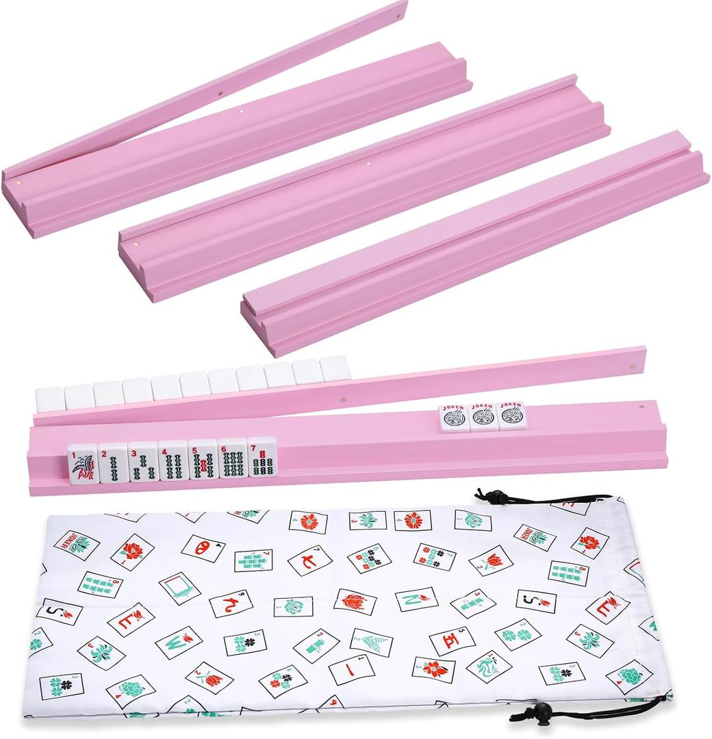Mahjong Racks with Pushers, Pink Wooden American Mahjong Tile Pushers and Racks Set of 4, with White Printed Mahjong Racks Drawstring Bag, Mahjong Accessories (19.68 Inches), 19.68 inches x 2.55 inches x 1.06 inches