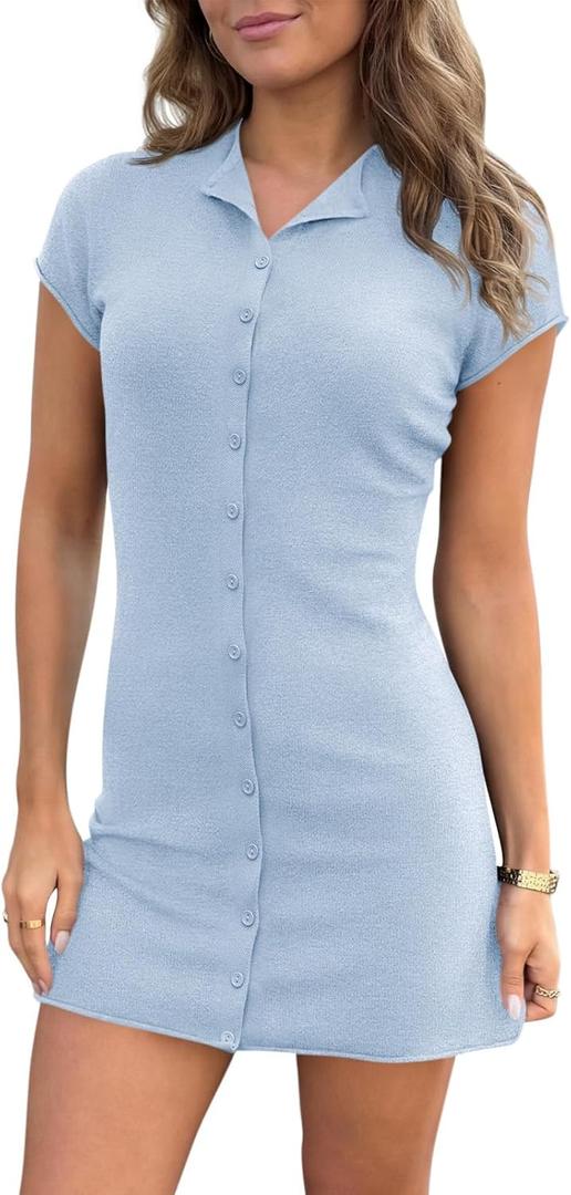Saodimallsu Womens Button Down Mini Dress Summer Sleeveless Bodycon Casual Knit Short Cardigan Sweater Dresses (Blue, S)