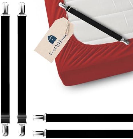 FeelAtHome 4 PCS Bed Sheet Clips Keep Bedsheets in Place - Corner Bands Suspenders for Fitted Sheets - Mattress Sheet Holder Straps - Fits Twin Queen King Garter Fasteners Clamps - Fitted Sheet Clip