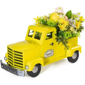 KI Store Yellow Truck Spring Easter Decor 12-Inch Vintage Metal Truck with Artificial Flowers Eggs for Easter Spring Decoration Table Centerpieces Mantel Display