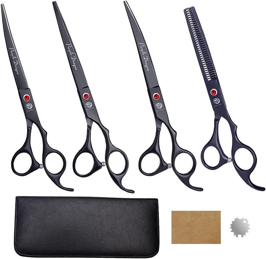 Purple Dragon Professional 7.0 inch 4PCS Pet Grooming Scissor Kit Japan Premium Steel Straight & Curved & Thinning Blade Dog Hair Cutting Shears Set with Case (Bright Black)