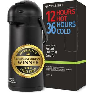 Airpot Coffee Dispenser With Pump, Black - 12 Hours Hot Water Dispenser with Pump, 36 Hours Cold - Coffee Thermal Carafe for Hot Drinks, Tea Flask for Beverages -Large Carafe w/ One-Handed Dispensing (102 Ounces)