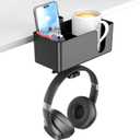 KDD 4 in 1 Desk Cup Holder - Clamp on Under Desk Headphone Hanger - Rotating Headphone Holder Detachable Pen Cup Holder Desktop Storage for Cup, Phone and Pen(Black)