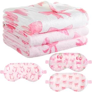 Fanfanwin 6 Pcs Sleepover Party Supplies for Girls, 3 Blanket and 3 Plush Eye Mask Covers for Sleeping Slumber Sleepover Spa Party Birthday Christmas Valentine Gifts(Bow,Pink), Queen