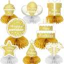 Uiorgui Happy Birthday Table Decorations, 8Pcs White Gold Birthday Decorations for Women Men Table Centerpieces for Birthday Party 16th 18th 21st 30th 40th 50th 60th Birthday Table Sign Toppers Decor