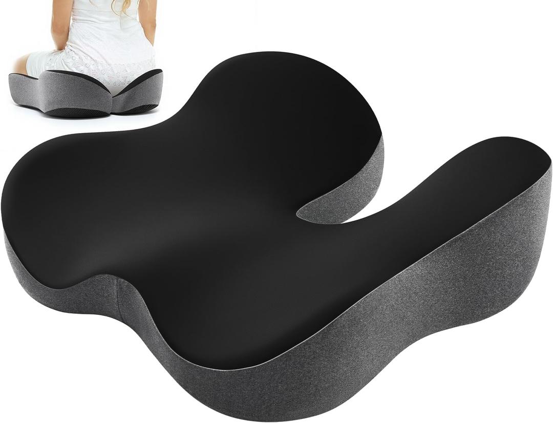 Seat Cushion for Tailbone & Sciatica Pain Relief Certified & Ergonomist-Designed Tapered Front Edge Reduces Thigh Pressure Wide Memory Foam for Office Chair, Car, Wheelchair