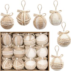 RoseCraft 12PCS Christmas Ball Ornaments, 3.14"/80MM Boho Shatterproof Linen Ornaments for Christmas Tree Hanging Decorations, for Home Rustic Party Farmhouse Xmas Decor.